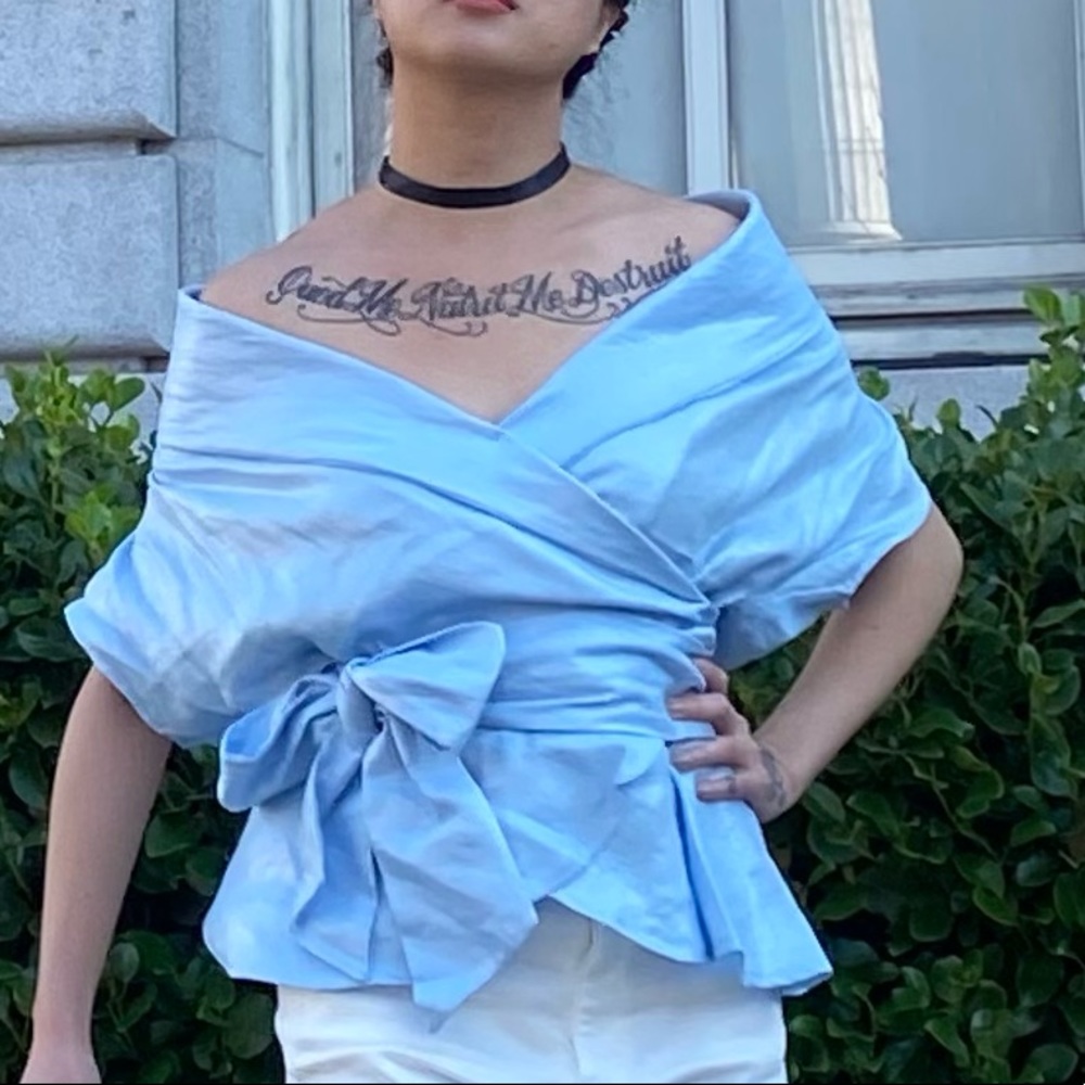 Cinderella metallic baby blue wrap top